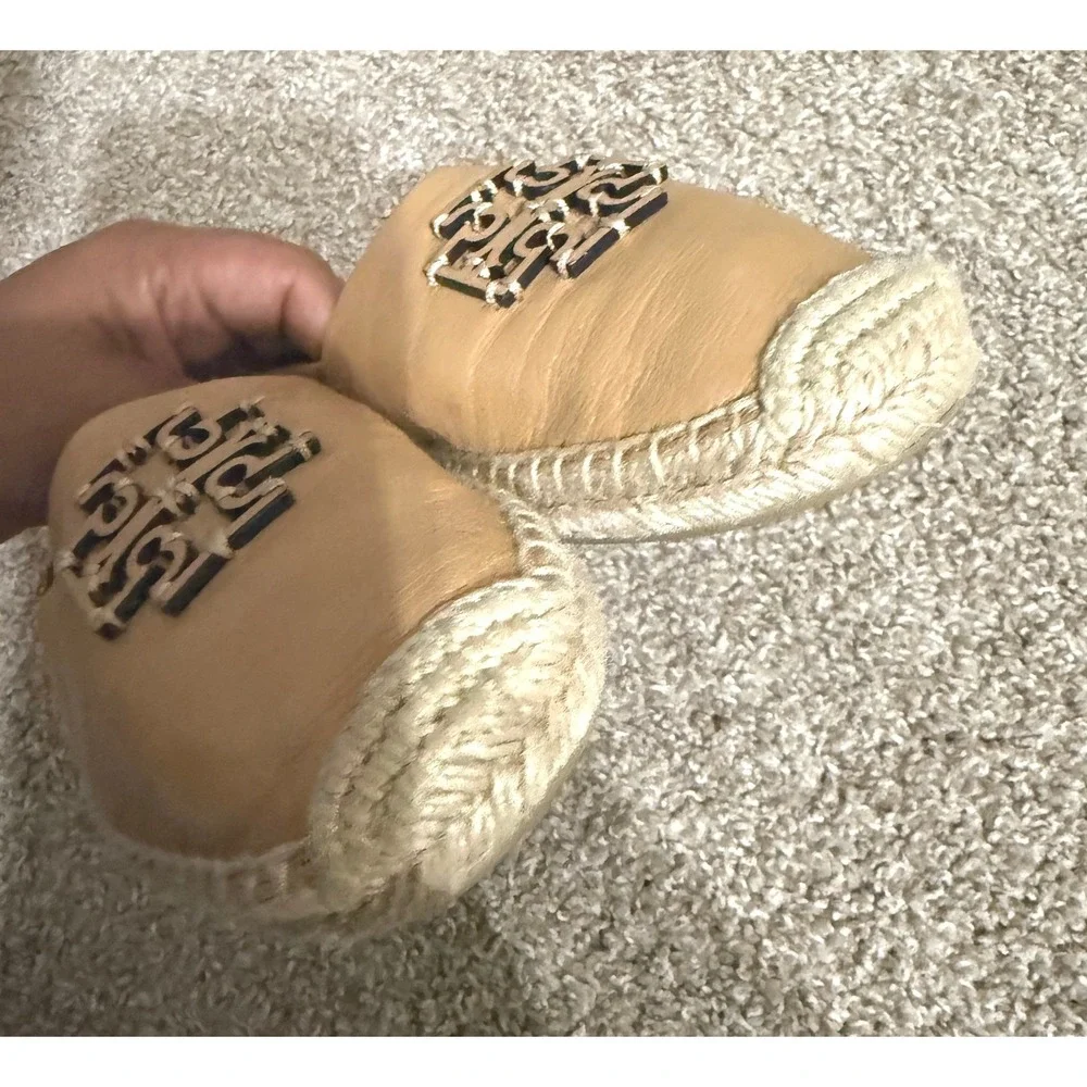 Tory Burch Ines Leather Espadrilles Tan Double T Logo Flats 8M Resortwear
